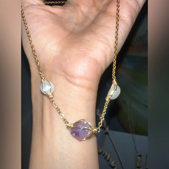 🌊Custom Aura Amethyst & Pearl Choker (15") - Picture 2 of 14